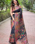 Black Pashmina Silk Saree with heavy Meenakari and Zari Woven