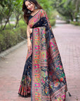 Black Pashmina Silk Saree with heavy Meenakari and Zari Woven