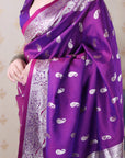 Purple Banarasi Silver Zari Woven Soft Silk Saree