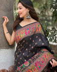 Black Pashmina Silk Saree with heavy Meenakari and Zari Woven