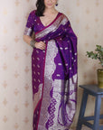 Purple Banarasi Silver Zari Woven Soft Silk Saree