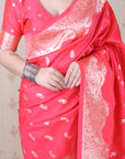 Pink Banarasi Silver Zari Woven Soft Silk Saree