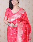 Pink Banarasi Silver Zari Woven Soft Silk Saree