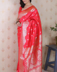 Pink Banarasi Silver Zari Woven Soft Silk Saree