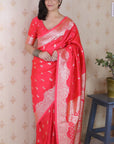 Pink Banarasi Silver Zari Woven Soft Silk Saree