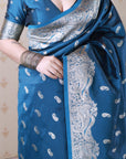 Blue Banarasi Silver Zari Woven Soft Silk Saree