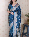 Blue Banarasi Silver Zari Woven Soft Silk Saree