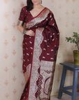 Maroon Banarasi Silver Zari Woven Soft Silk Saree