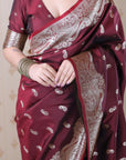 Maroon Banarasi Silver Zari Woven Soft Silk Saree