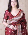 Maroon Banarasi Silver Zari Woven Soft Silk Saree