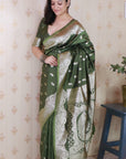 Mehendi Green Banarasi Silver Zari Woven Soft Silk Saree