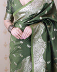 Mehendi Green Banarasi Silver Zari Woven Soft Silk Saree