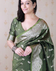 Mehendi Green Banarasi Silver Zari Woven Soft Silk Saree