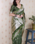 Mehendi Green Banarasi Silver Zari Woven Soft Silk Saree