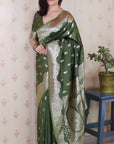 Mehendi Green Banarasi Silver Zari Woven Soft Silk Saree