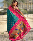 Peacock Blue Paithani Silk Lotus Jaal Contrast Border Saree