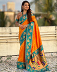 Orange Paithani Silk Lotus Jaal Contrast Border Saree