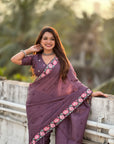 Wine Crush Silk Embroidery Floral Border Saree