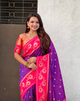 Purple(Red tone) Paithani Silk Lotus Jaal Contrast Border Saree