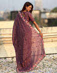 Wine Crush Silk Embroidery Floral Border Saree