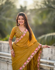 Mustard Yellow Crush Silk Embroidery Floral Border Saree
