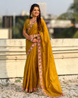 Mustard Yellow Crush Silk Embroidery Floral Border Saree
