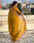 Mustard Yellow Crush Silk Embroidery Floral Border Saree