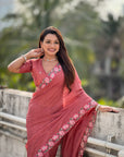 Coral Red Crush Silk Embroidery Floral Border Saree
