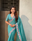 Sky Blue Crush Silk Embroidery Floral Border Saree