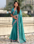 Sky Blue Crush Silk Embroidery Floral Border Saree