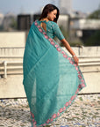 Sky Blue Crush Silk Embroidery Floral Border Saree