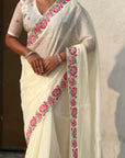White Crush Silk Embroidery Floral Border Saree
