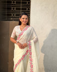 White Crush Silk Embroidery Floral Border Saree