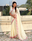 White Crush Silk Embroidery Floral Border Saree