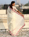 White Crush Silk Embroidery Floral Border Saree
