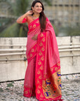 Baby Pink Paithani Silk Lotus Jaal Contrast Border Saree