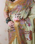 Light Yellow Tussar Silk Traditional Kalamkari Printed Saree