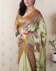 Light Yellow Tussar Silk Traditional Kalamkari Printed Saree