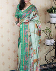 Seafoam Green Tussar Silk Traditional Kalamkari Printed Saree