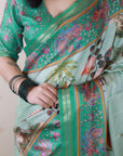Seafoam Green Tussar Silk Traditional Kalamkari Printed Saree