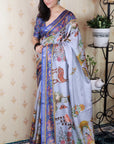 Pastel Blue Tussar Silk Traditional Kalamkari Printed Saree
