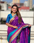 Purple Soft Paithani Silk with Contrast Zari Woven Double Border Saree