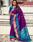 Purple Soft Paithani Silk with Contrast Zari Woven Double Border Saree