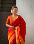 Red Soft Paithani Silk with Contrast Zari Woven Double Border Saree