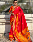 Red Soft Paithani Silk with Contrast Zari Woven Double Border Saree