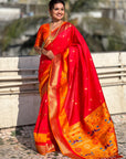 Red Soft Paithani Silk with Contrast Zari Woven Double Border Saree