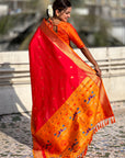 Red Soft Paithani Silk with Contrast Zari Woven Double Border Saree