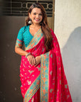 Pink Premium Viscose Silk Traditional Art Zari Woven Position Print Saree