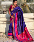 Violet Soft Paithani Silk with Contrast Zari Woven Double Border Saree