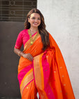Orange Soft Paithani Silk with Contrast Zari Woven Double Border Saree